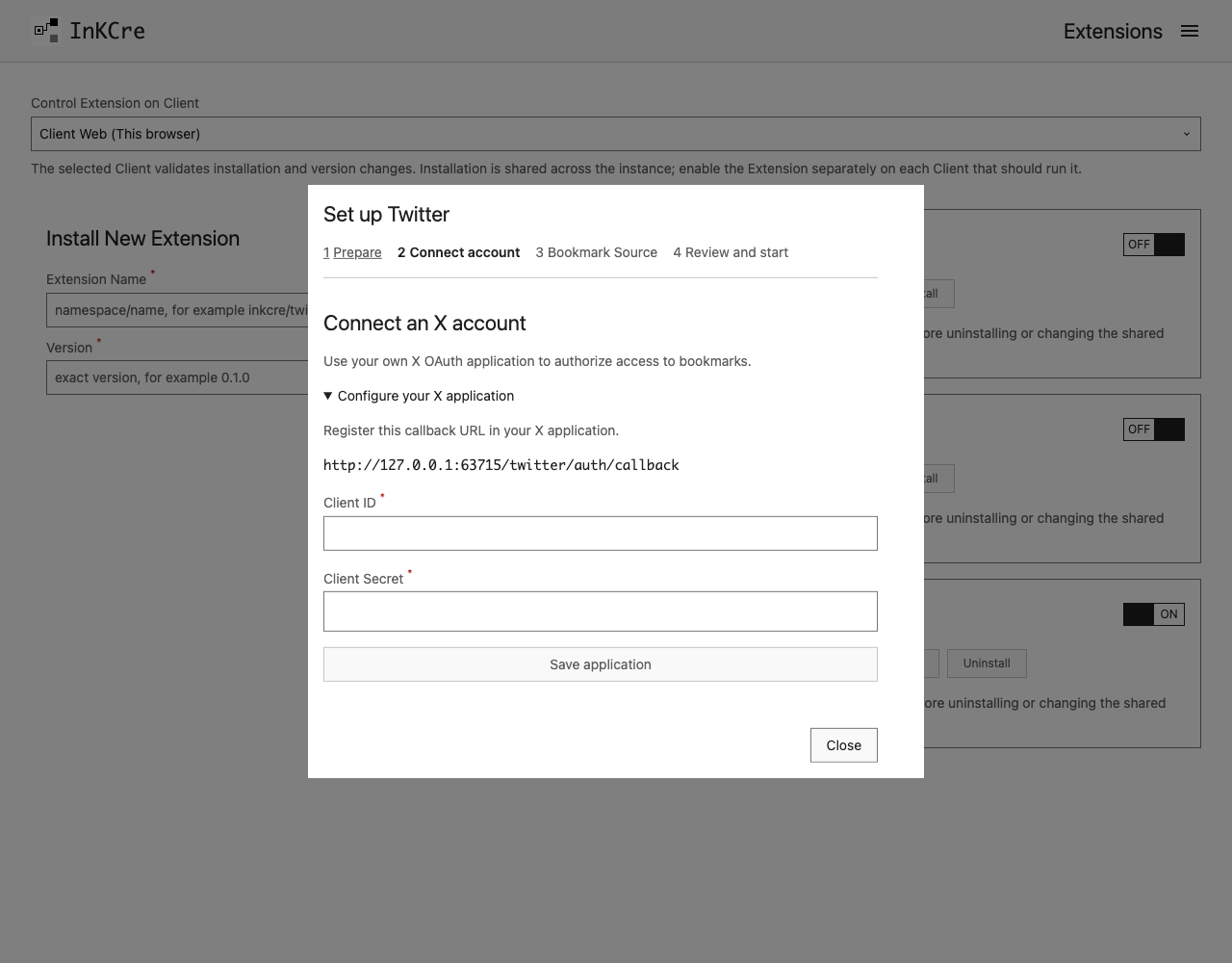 Twitter setup wizard showing the account-connection step
